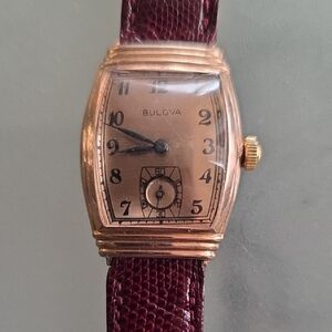 Bulova Vintage Salmon Dial Rose GoldTone Tonneau Case with Fortis Deep Red Strap